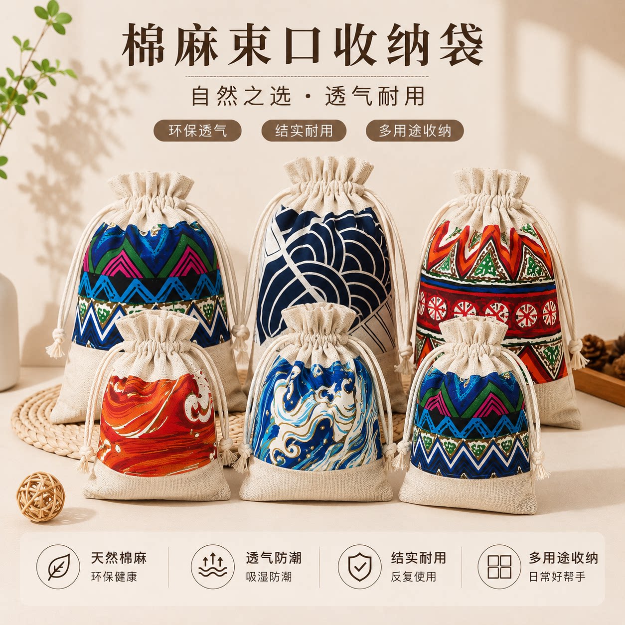 和风棉麻束口袋透气杂物收纳布袋子民族风印花首饰珠宝杂粮包装袋