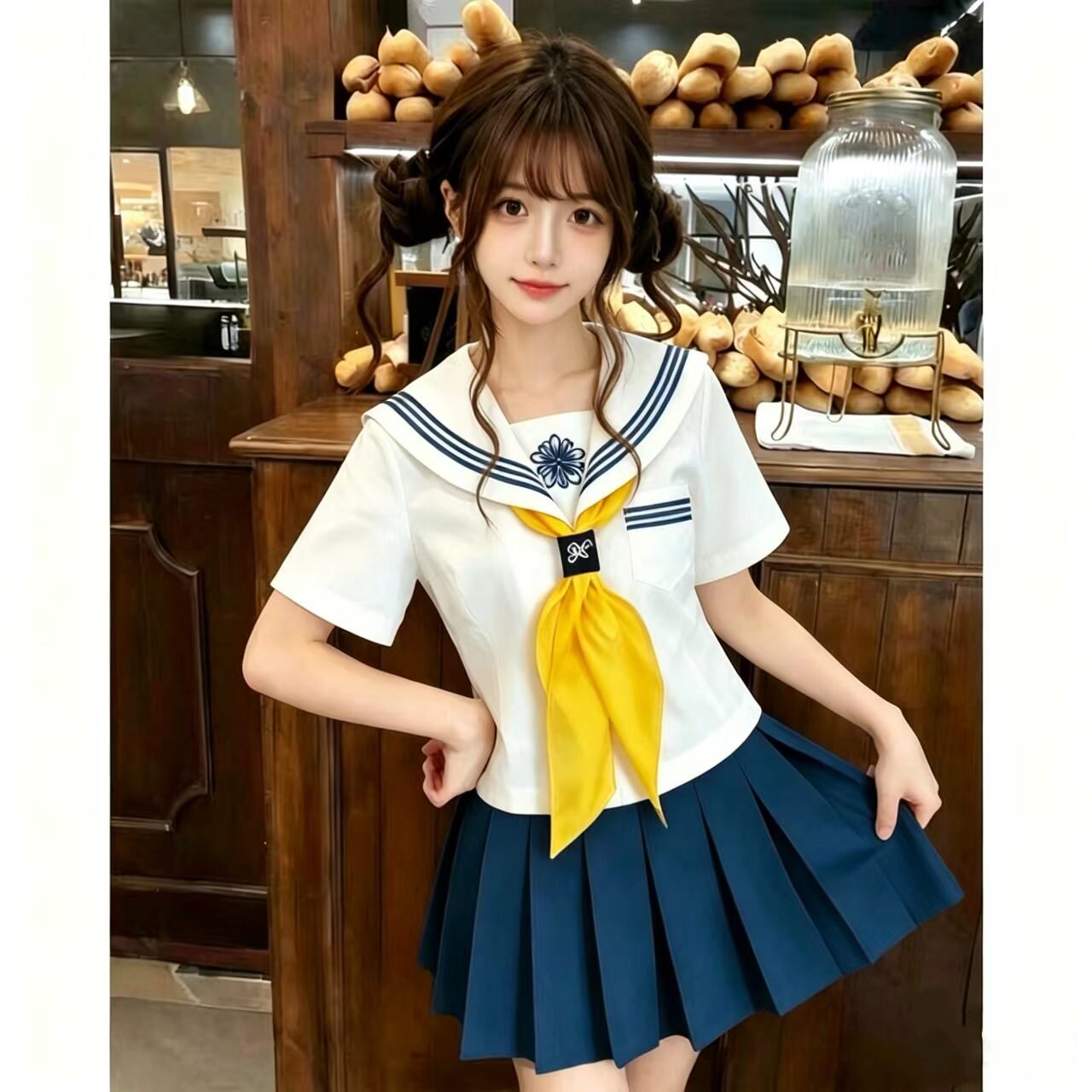 【雾屿】正版蓝三本jk水手服制服套装日系基础款中间服百褶裙