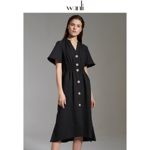 连衣裙女V领收腰显瘦气质中长款 万丽 新款 夏季 雪纺裙 服饰