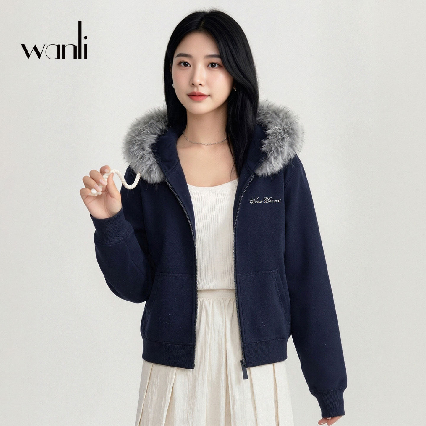 万丽（服饰）休闲运动风毛领连帽卫衣女宽松拉链外套深蓝色上衣