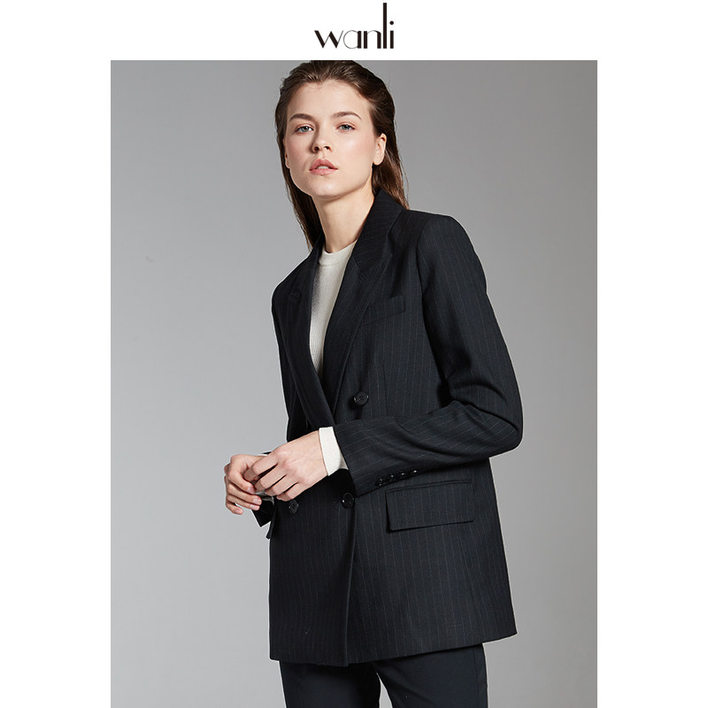 万丽(服饰)女装 西装外套女春黑色条纹双排扣羊毛欧版西装