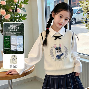 万丽2026秋季新款学院风小熊刺绣针织马甲女童背心毛衣韩版针织衫