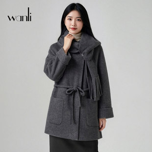 万丽秋冬新品女士灰色毛呢外套女中长款连帽系带收腰大衣高级感