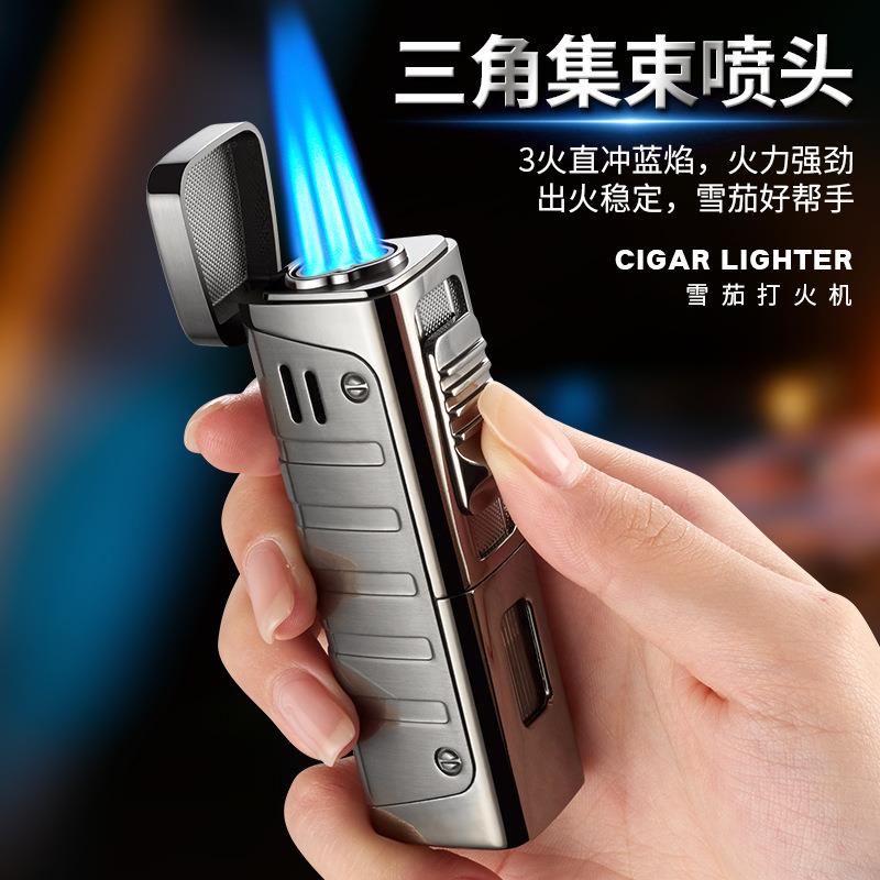 -608金属三头直冲防风充气可视气仓点雪茄烟具商务礼品打火机