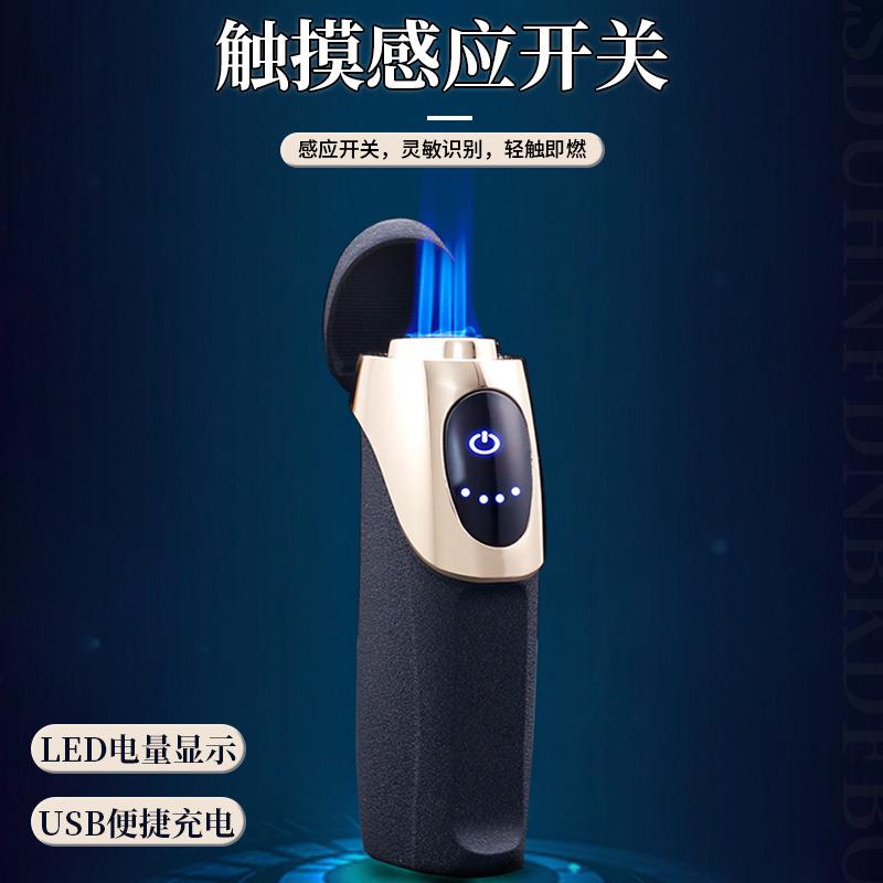 -592触屏悬浮感应三直冲雪茄打火机气电合一充气打火机跨境货源