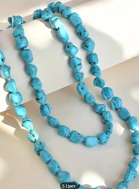 新中式优化绿松石原石随形毛料双层项链毛衣链锁骨链跨境小清新