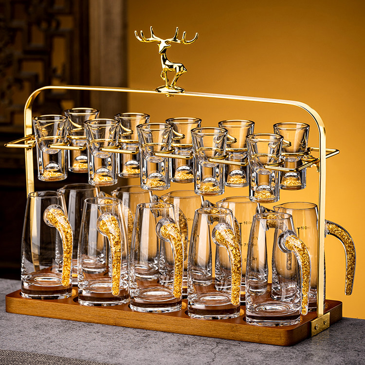 高档轻奢水晶玻璃白酒杯套装家用中式一口小酒杯子金箔分酒器酒具