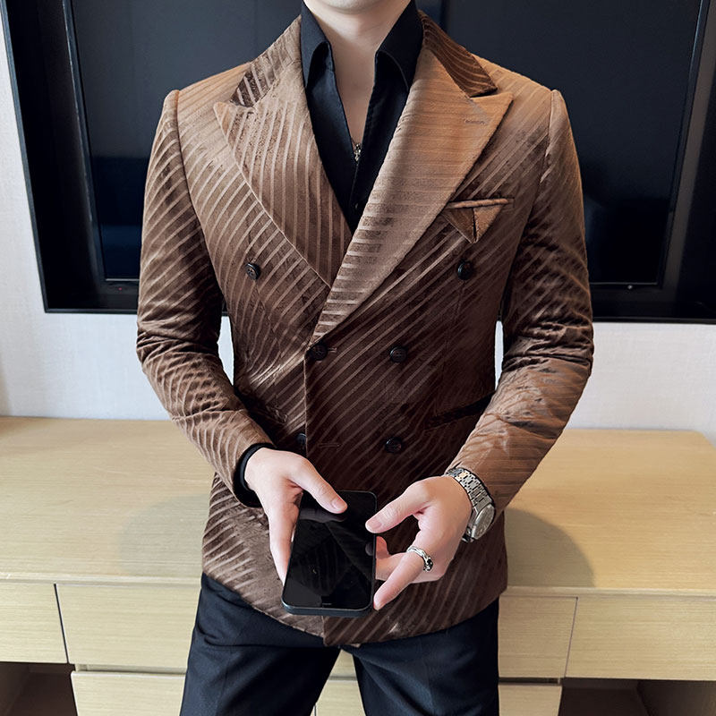 潮牌时尚花纹西装主持人舞台演出服装表演服丽丝绒双排扣西服外套