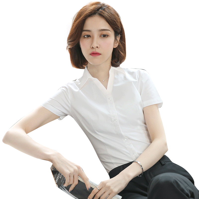 V领白衬衫女短袖职业工作服夏季新款工装上衣气质女士白色衬衣