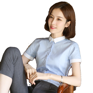 蓝色衬衫女短袖职业正装夏季薄款气质工作服工装新款上衣白领衬衣