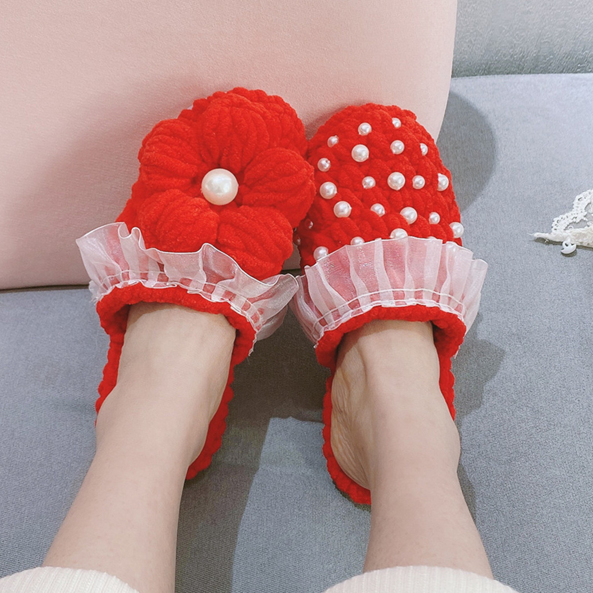 珍珠泡芙花手工编织拖鞋diy材料包自制手织防滑毛绒保暖包头鞋女