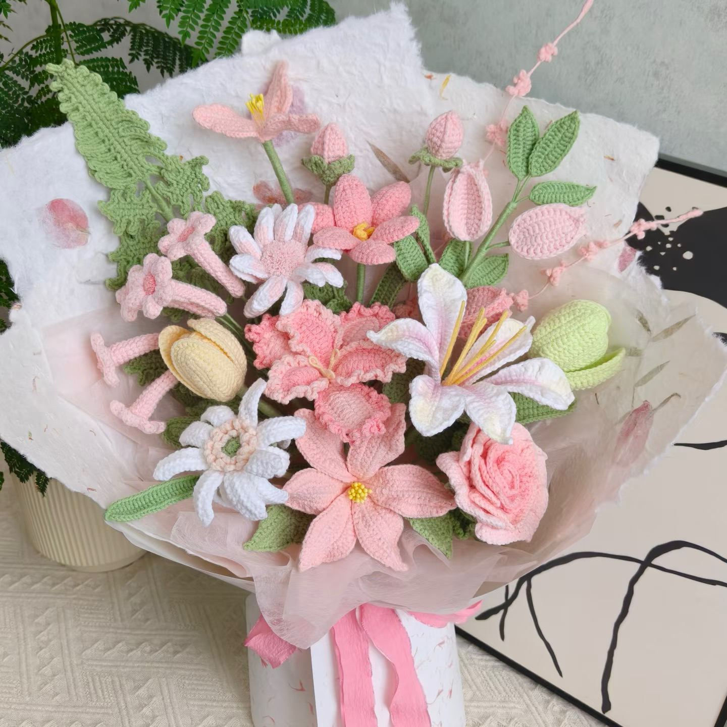 手工编织毛线虞美人玫瑰花束diy