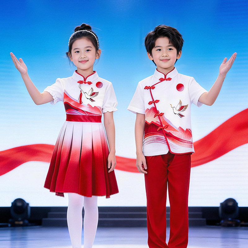 六一新款儿童中国风演出服班级红歌合唱朗诵演讲爱国主题表演服装