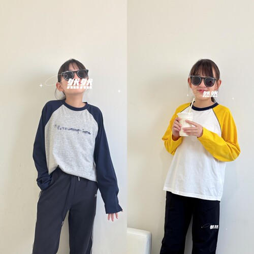 纯棉宽松撞色插肩袖T恤~男女中大童圆领长袖打底衫 亲子T150-175