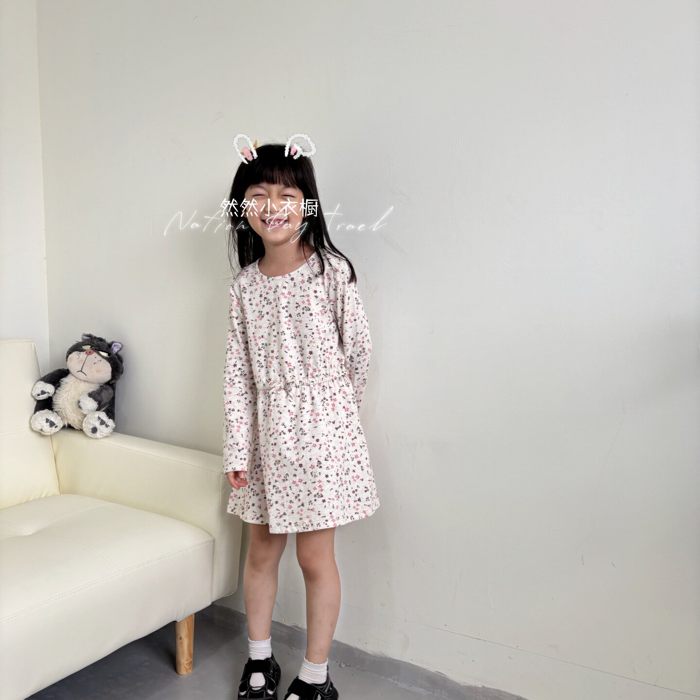 特价~小碎花纯棉连衣裙~女童长袖T恤裙 蝴蝶结连衣裙