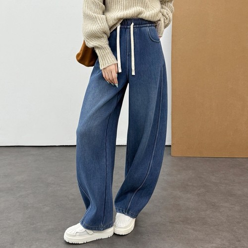 加绒加厚天丝牛仔香蕉裤~冬成人少女直筒阔腿裤弯刀裤 初高中长裤