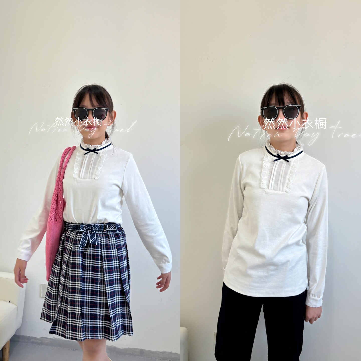 纯棉针织衬衫女 中大童花边白衬衣 蝴蝶结学院风打底衫