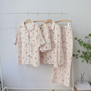 短裤 亲子长短袖 女士初高中中大童睡衣睡裤 樱桃纱布家居服套装
