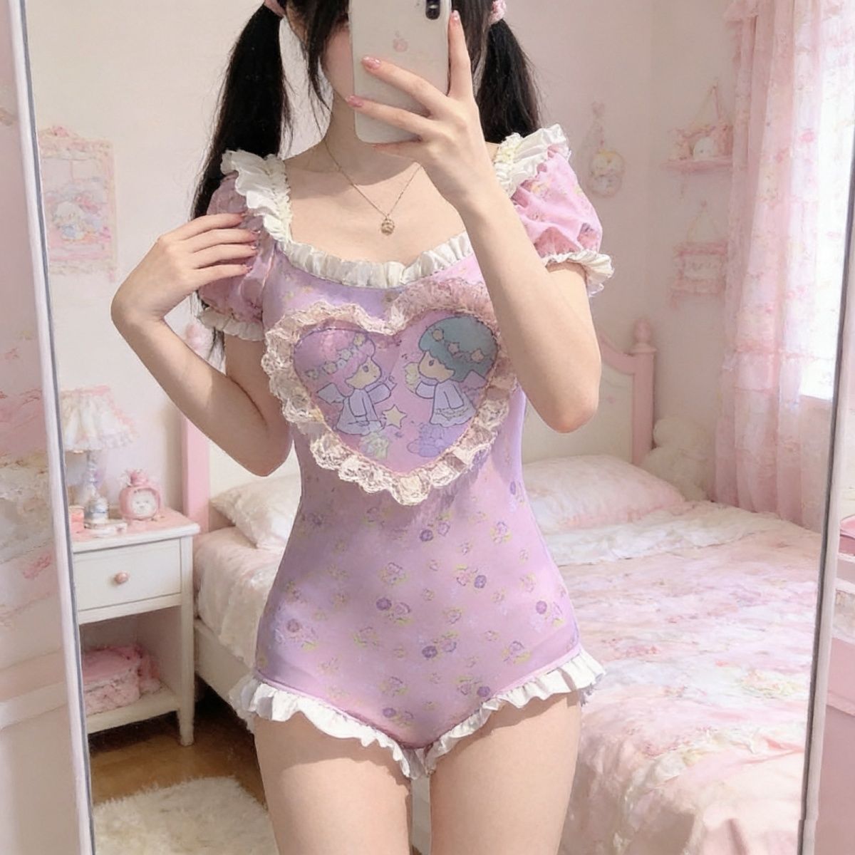 大码日系洛丽塔可爱甜美少女泳衣花边遮肉泡温泉度假连体泳装少萝