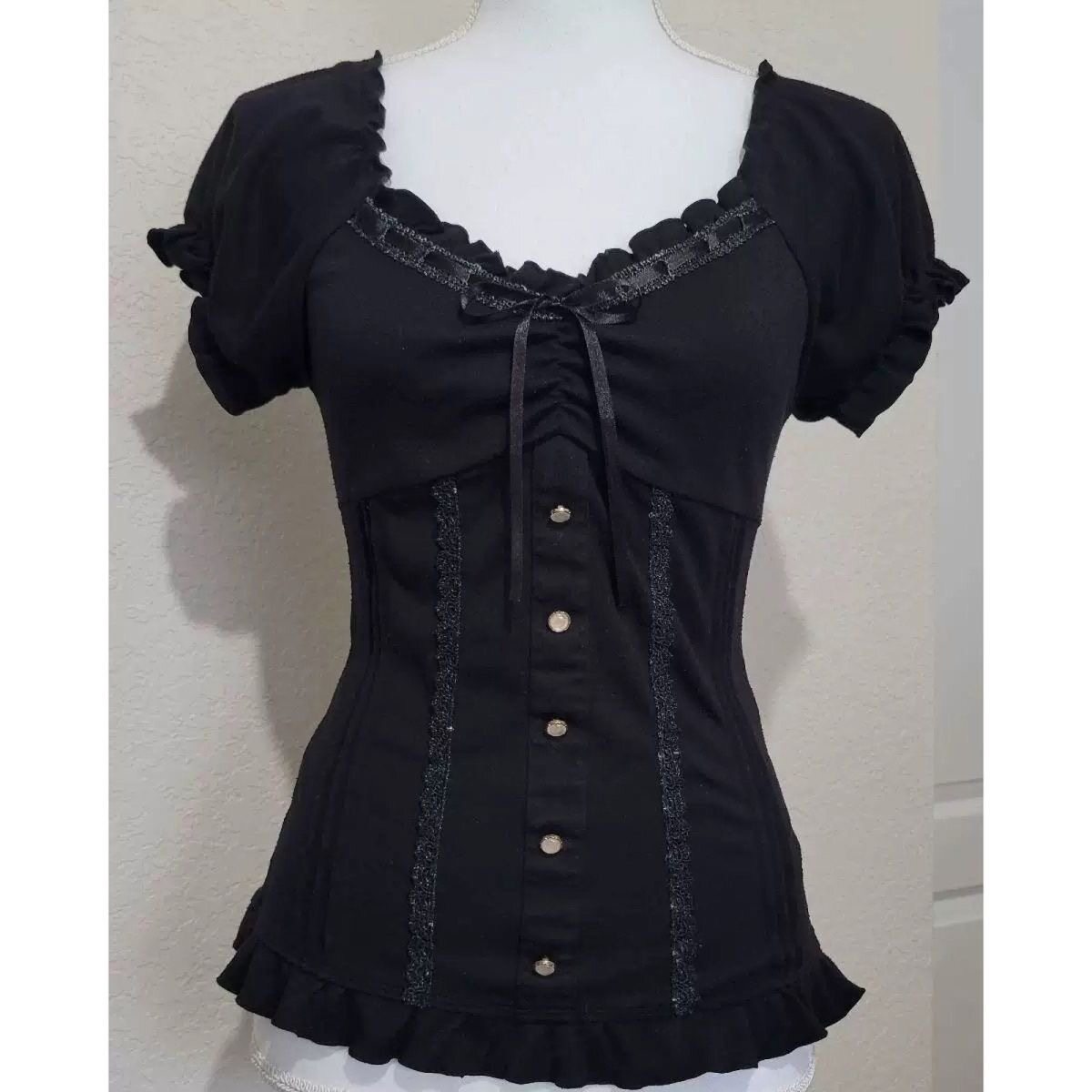 thumbnail for Plus size high-end lace spliced puff sleeve T-shirt women's summer vintage small fragrance style top to wear outside