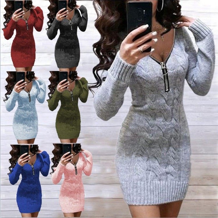 欧美跨境外贸新款女装拉链领长袖毛衣针织外套打底衫中长连衣裙,个性定制/设计服务/DIY,连衣裙加工定制,淘宝优惠券,粉丝福利购,淘宝优惠卷