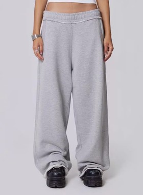 美式复古灰色休闲卫裤女高腰宽松显瘦毛边拖地休闲裤跨境速卖通