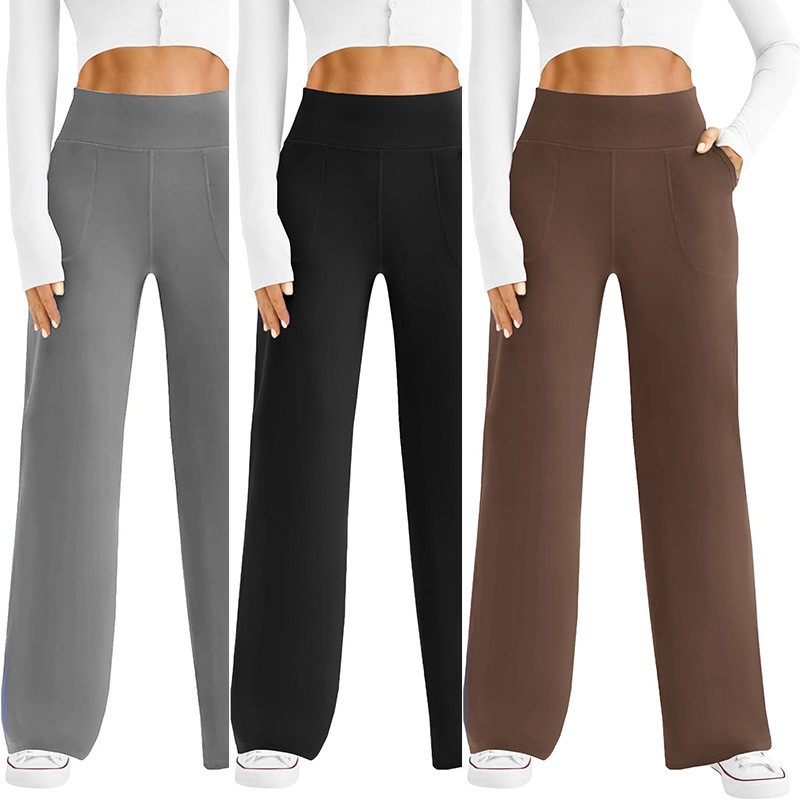 跨境欧美亚马逊裸感高腰阔腿裤口袋健身运动瑜伽休闲长裤女