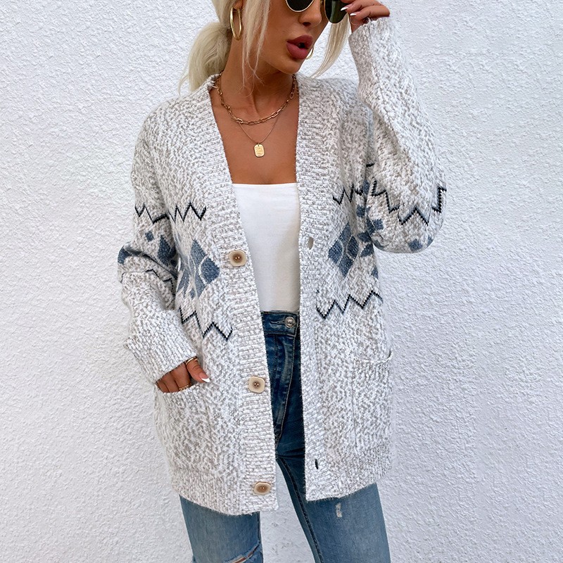 毛毛雨秋冬新品欧美外贸女装圣诞雪花针织衫单排扣口袋毛衣女