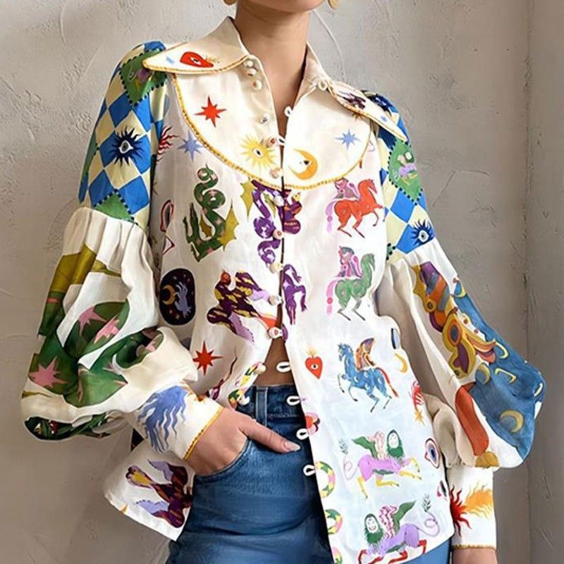 欧美女装亚马逊新款气质通勤印花翻领单排扣灯笼袖女士衬衫女,个性定制/设计服务/DIY,连衣裙加工定制,淘宝优惠券,粉丝福利购,淘宝优惠卷