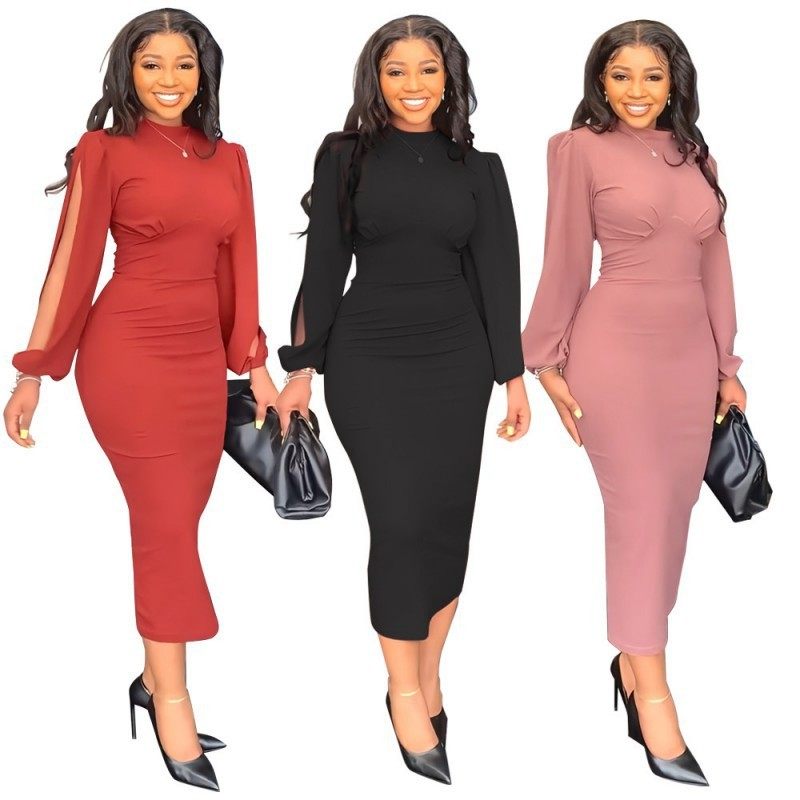 年欧美女装亚马逊时尚性感纯色褶皱气质个性开叉袖修身一步裙,个性定制/设计服务/DIY,连衣裙加工定制,淘宝优惠券,粉丝福利购,淘宝优惠卷