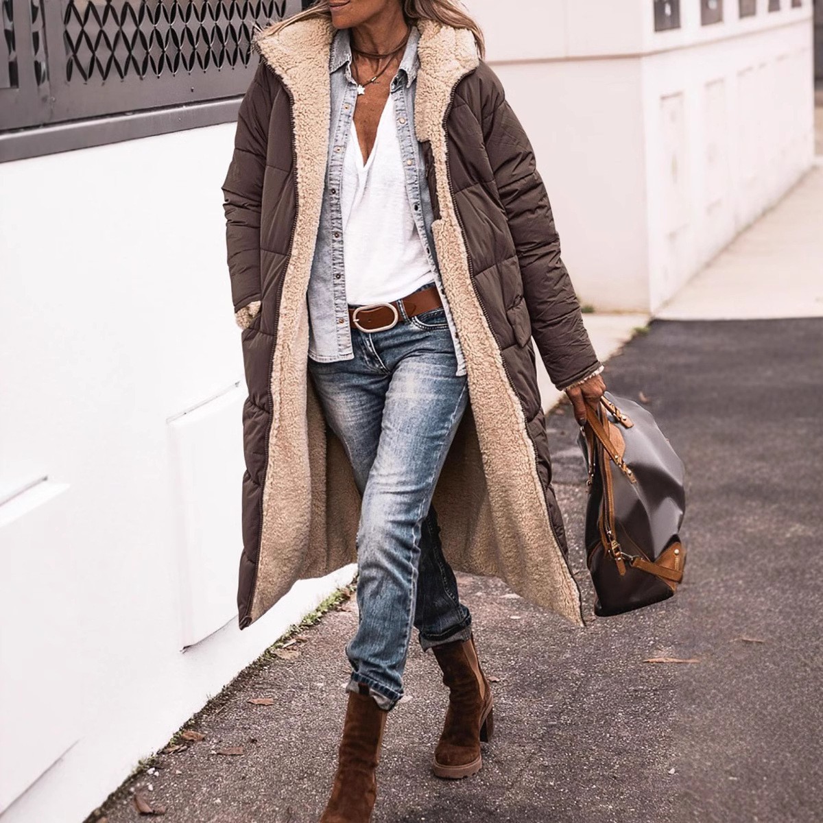 亚马逊欧美纯色连帽棉服长袖双面穿修身气质开衫外套上衣