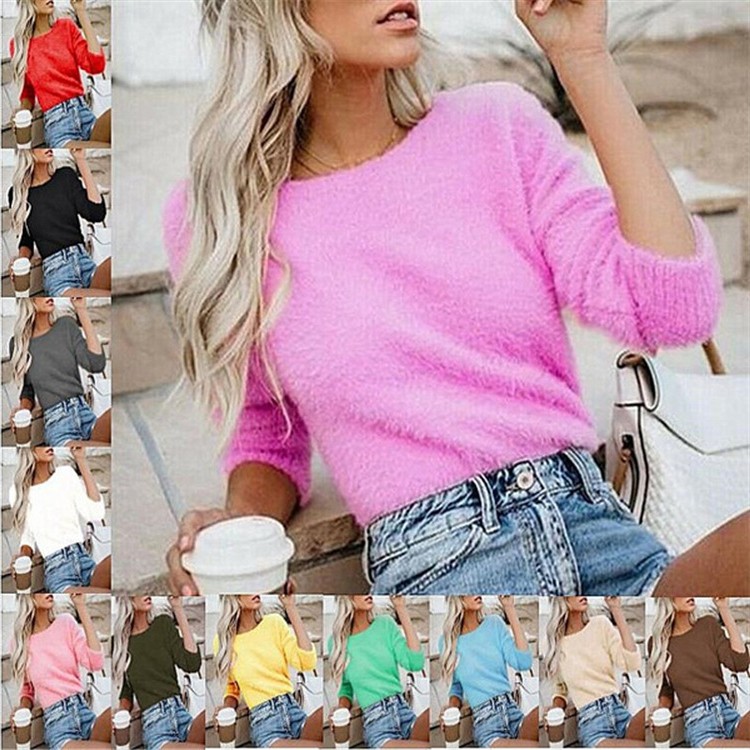 欧美女装亚马逊速卖通新款纯色时尚长袖羊绒衫上衣女