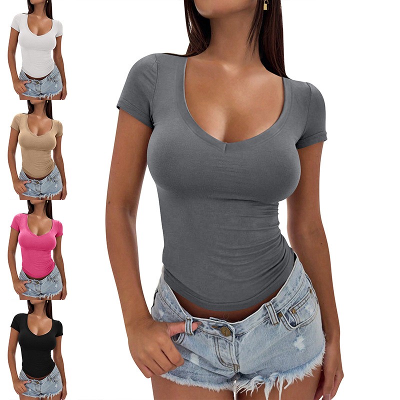 欧美跨境女装亚马逊夏季高级感修身时尚短袖领短袖恤