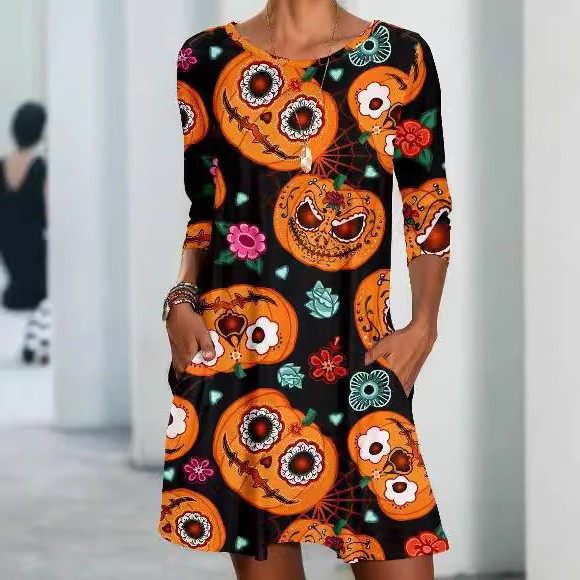 秋冬款万圣节圣诞节假日色彩侧口袋休闲恤七分袖印花连衣裙,个性定制/设计服务/DIY,连衣裙加工定制,淘宝优惠券,粉丝福利购,淘宝优惠卷