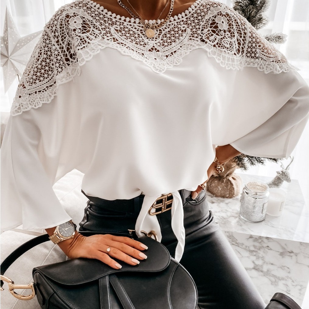 独立站亚马逊欧美跨境宽松纯色长袖蕾丝花边大码女士衬衫
