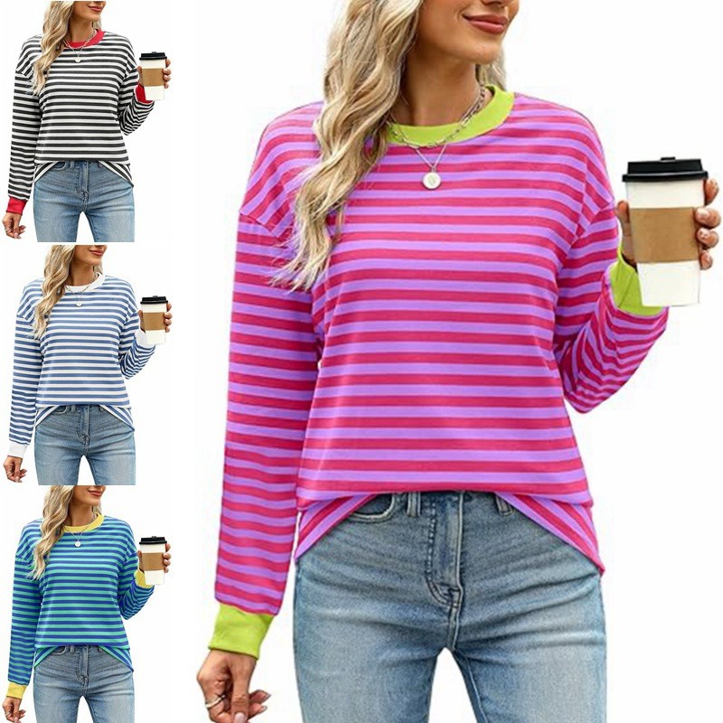 跨境欧美女装亚马逊秋冬新款时尚撞色宽松圆领条纹卫衣上衣女