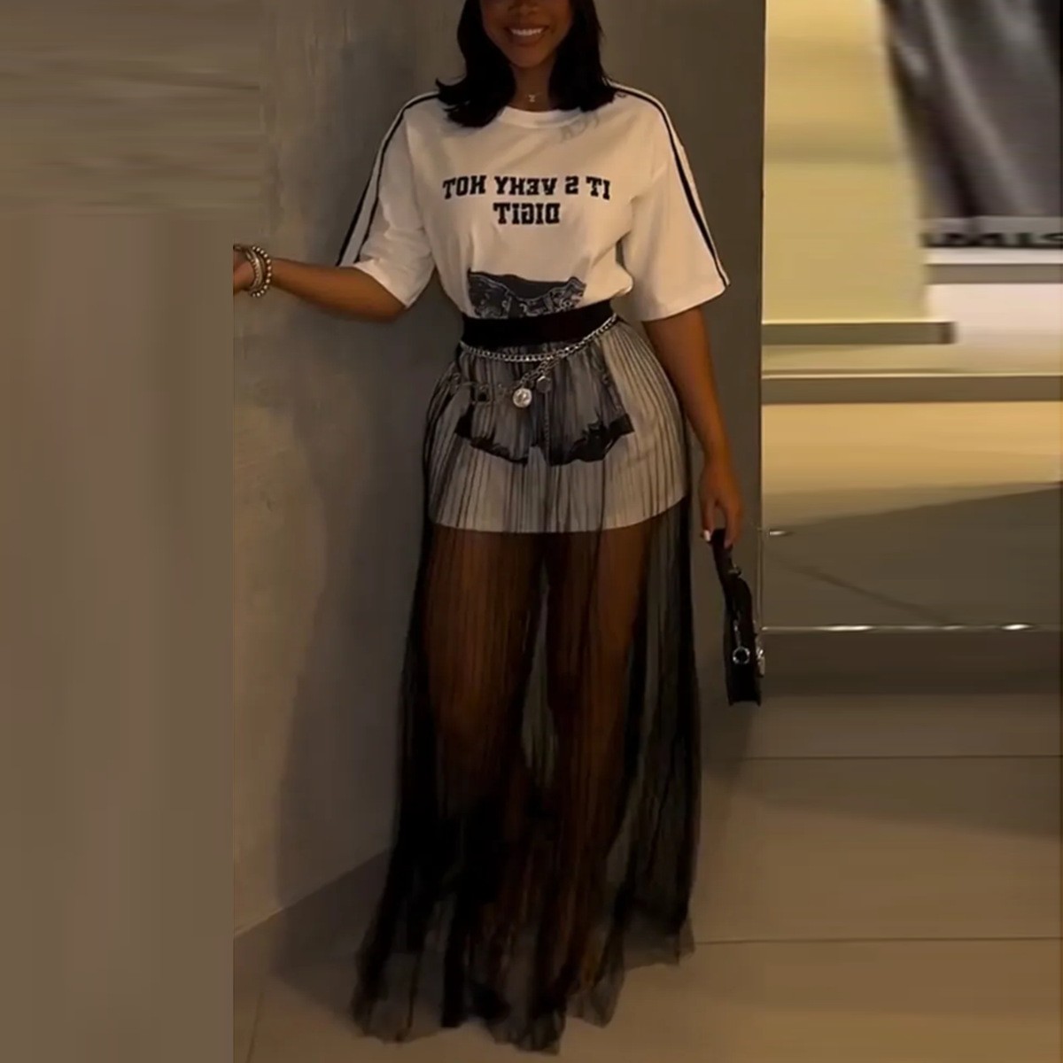 夏季新款跨境外贸女式圆领印花长恤+网纱裙时尚休闲两件套装