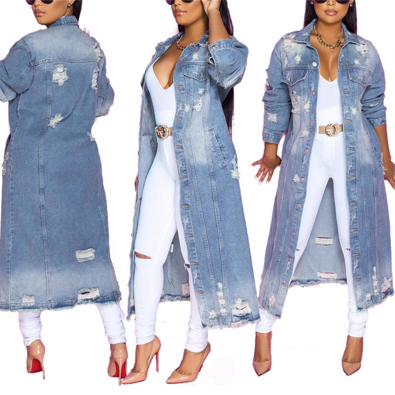 亚马逊欧美春秋新款翻领排扣水洗破洞牛仔长袖外套女中长风衣夹克