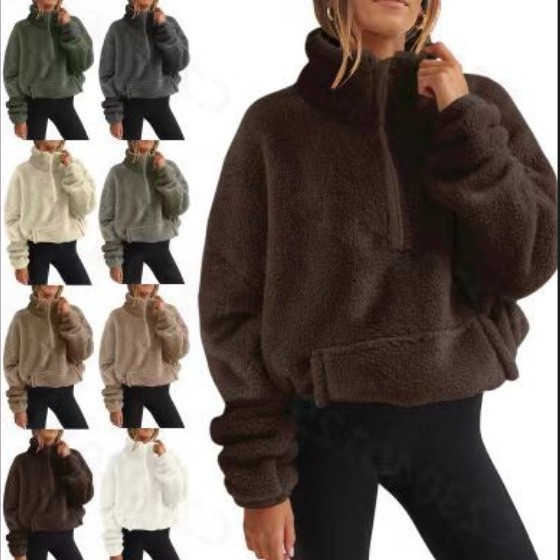 跨境 速卖通 秋冬欧美新品毛毛绒加绒女士半拉链立领卫衣