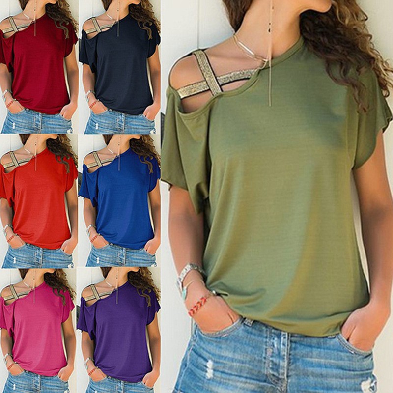 亚马逊春夏热卖欧美休闲斜肩交叉不规则短袖恤女装