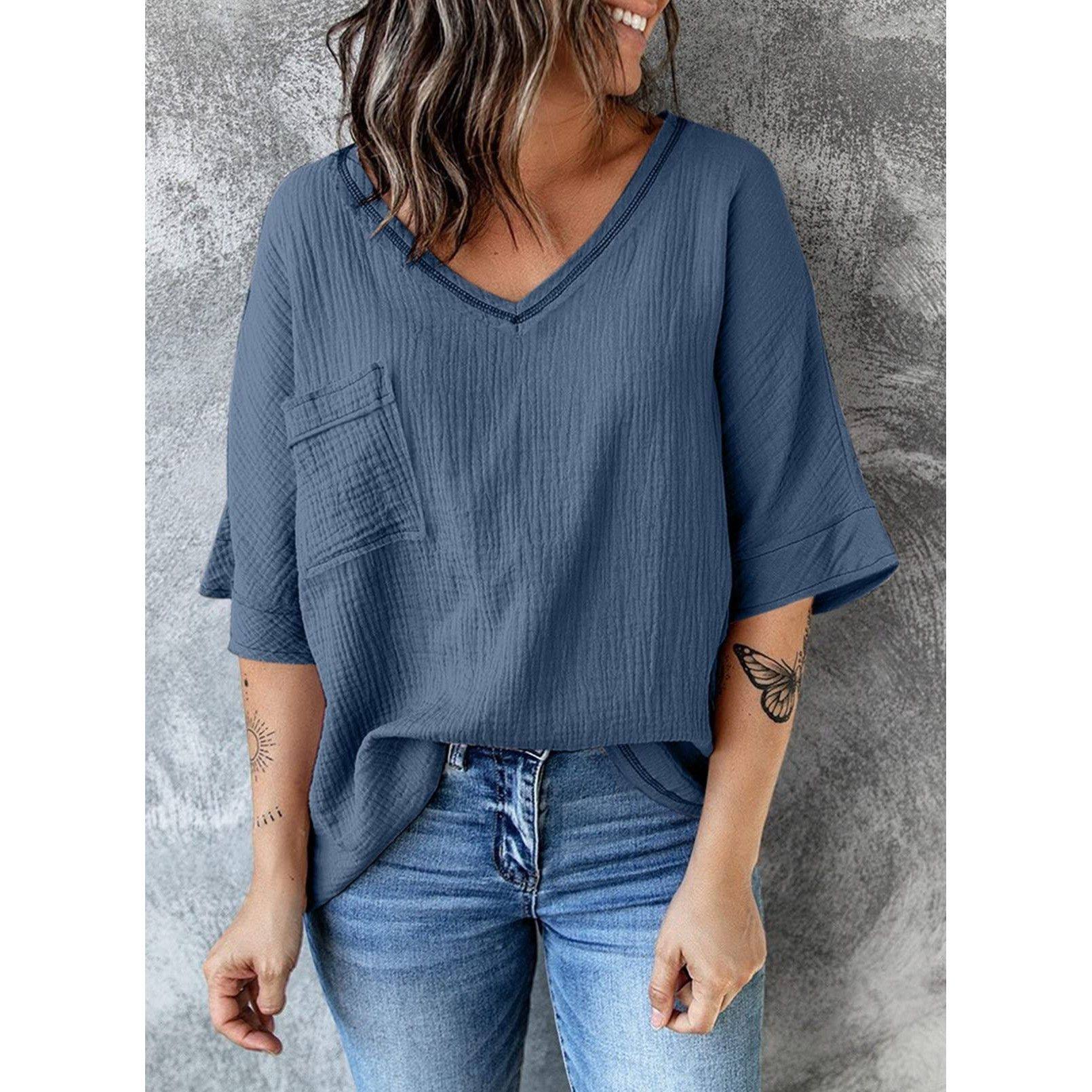 跨境亚马逊 春夏新款衬衫领口袋开叉中袖上衣女,个性定制/设计服务/DIY,连衣裙加工定制,淘宝优惠券,粉丝福利购,淘宝优惠卷