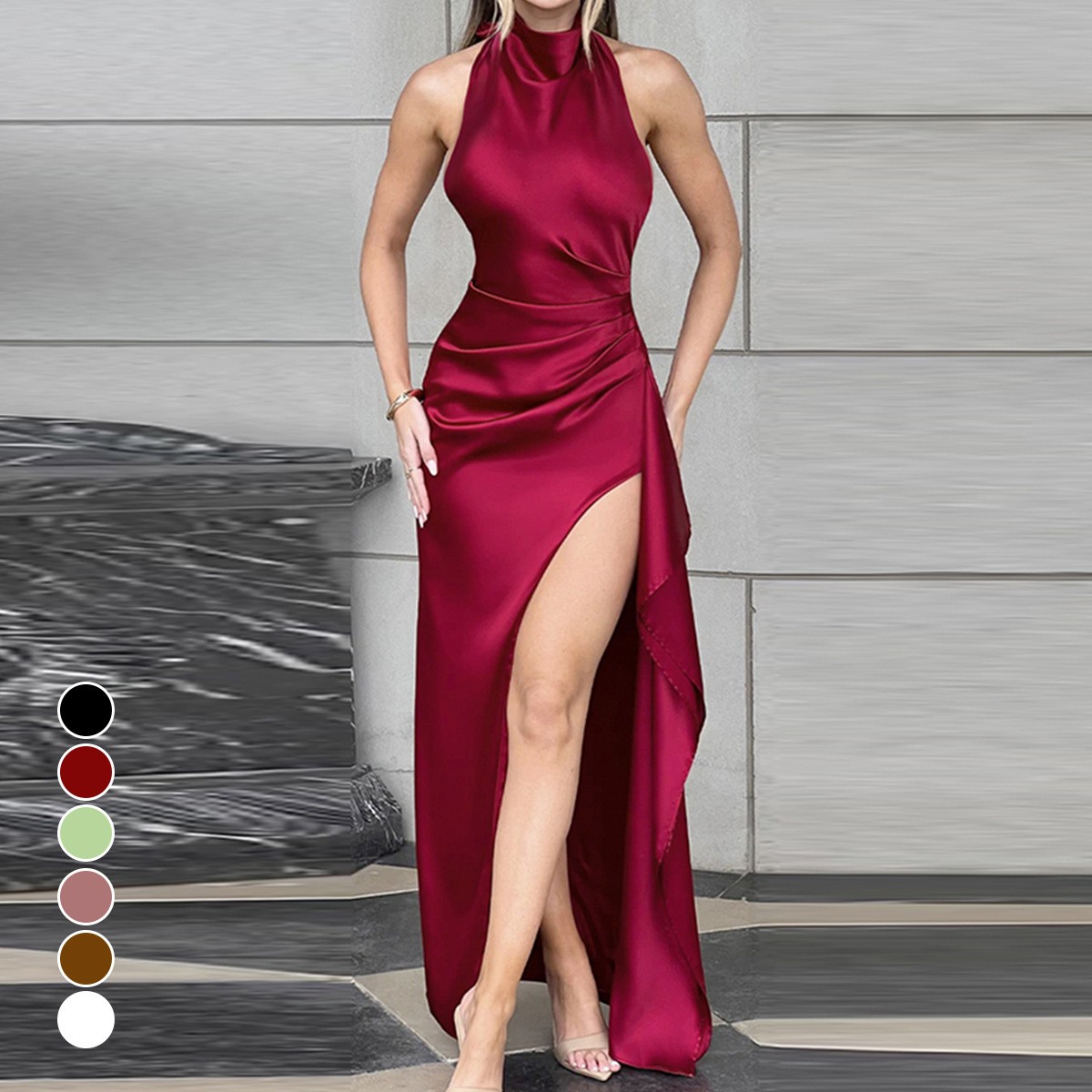 跨境新款圆领秋季连衣裙欧美女装性感开叉系带露背褶皱包臀长裙