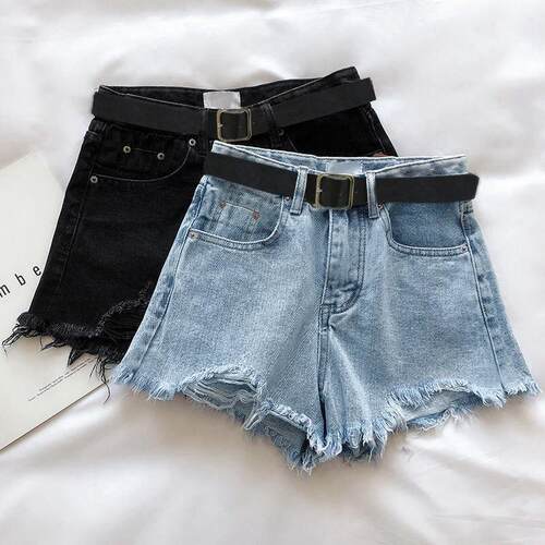 破洞牛仔高腰短裤 Ripped denim high-waisted slimming shorts