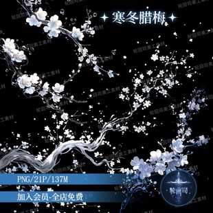 复古中式古风清冷寒冬腊梅花卉png装饰元素原创可商文游美工素材