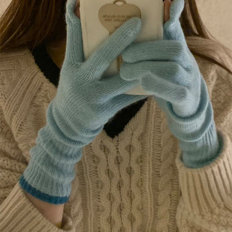 手套韩版撞色加长款秋冬户外骑行防寒保暖针织毛线手套女分指触屏