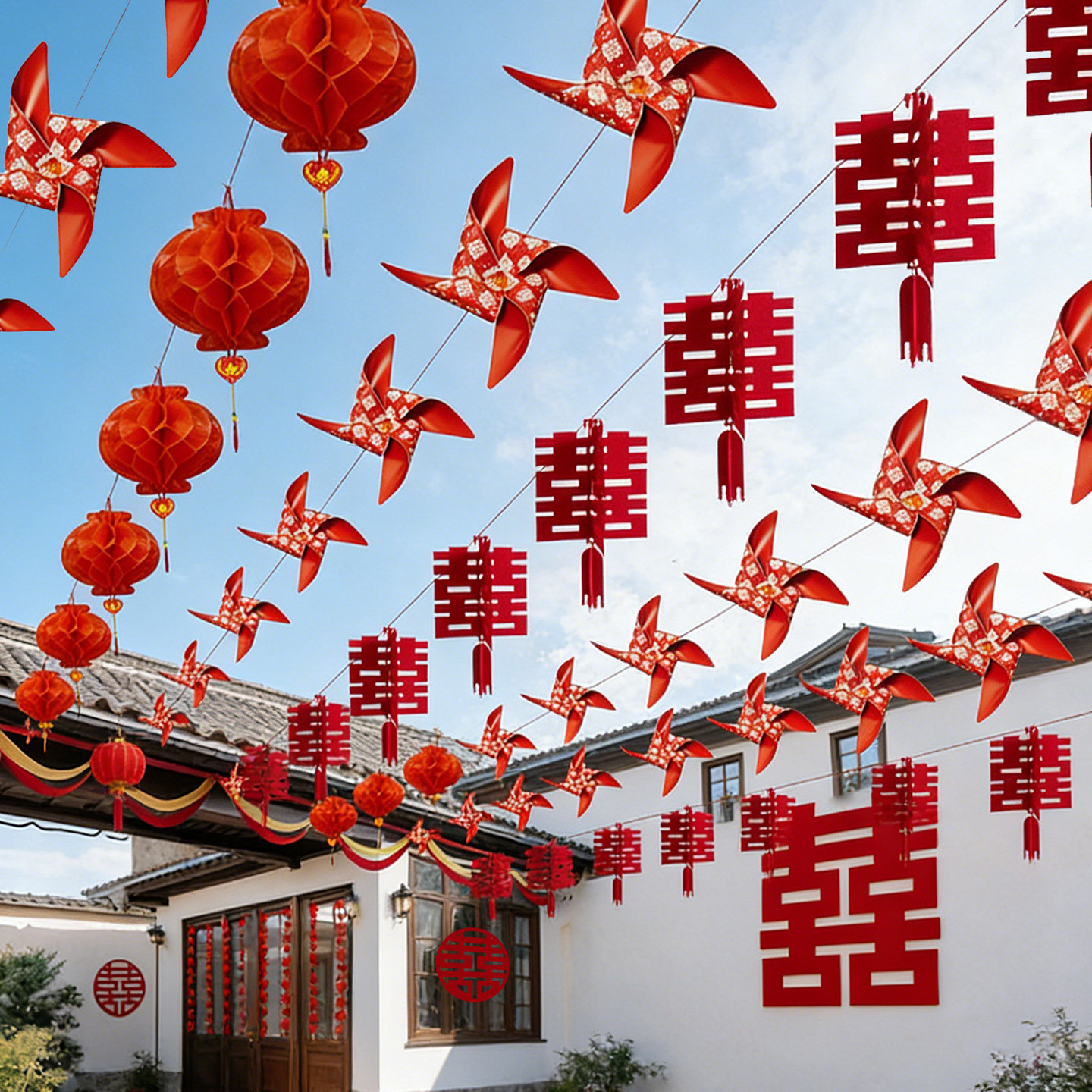 农村结婚院子装饰拉花灯笼图片