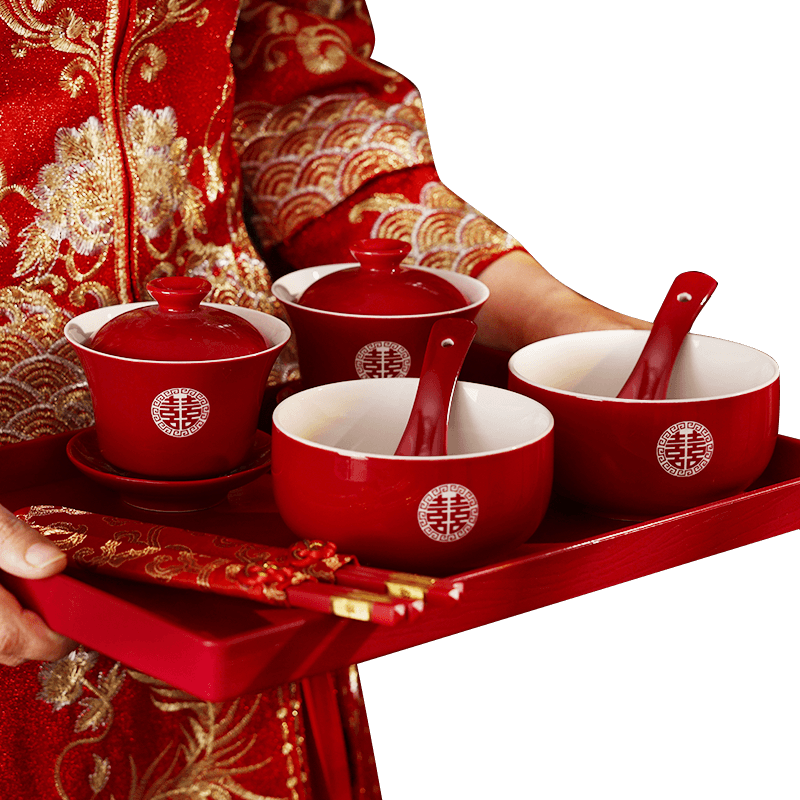 敬茶杯结婚陪嫁用品改口敬酒茶杯套装喜碗婚礼红色碗筷对碗娘家