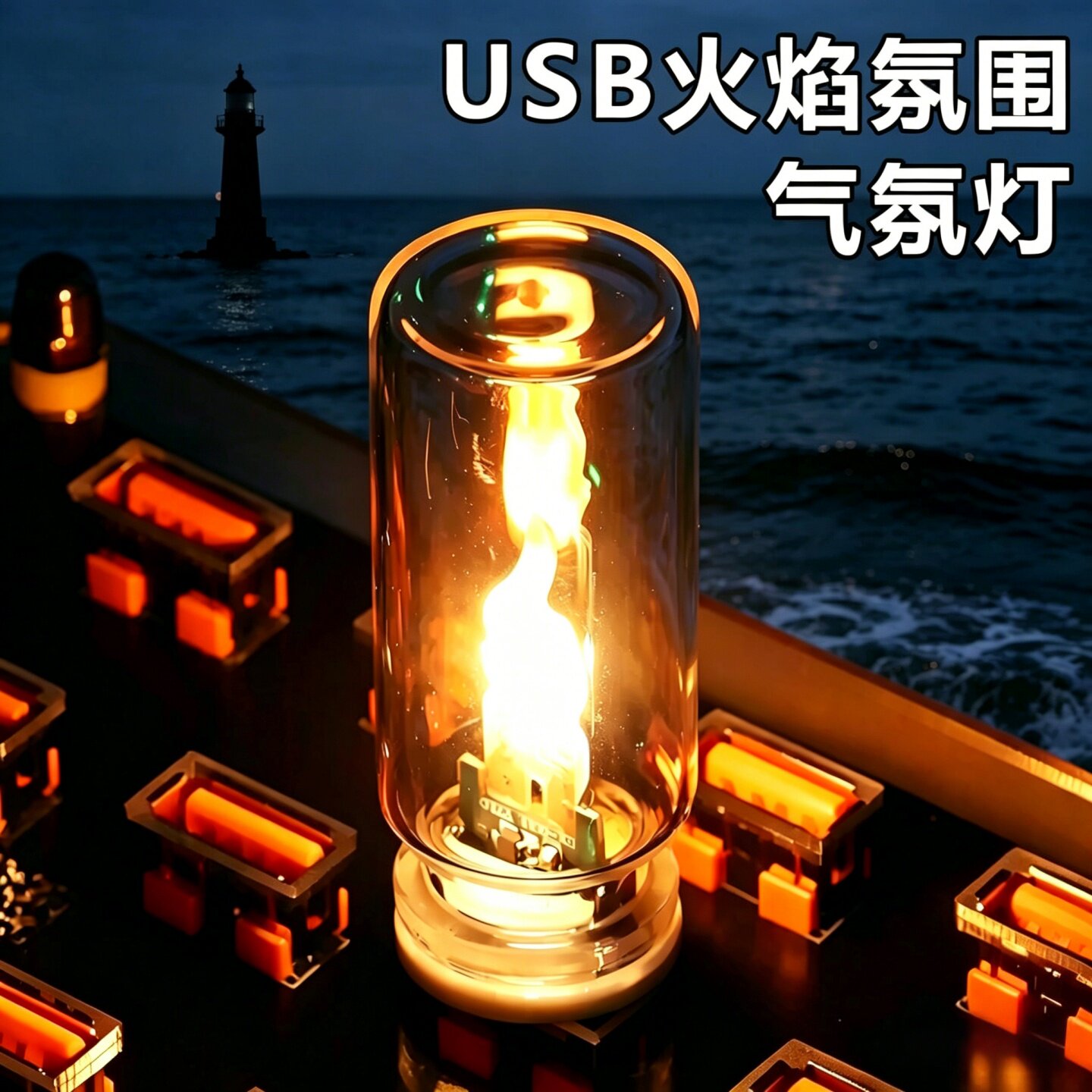 LED仿真小火焰氛围灯桌面床头USB小夜灯特效车载创意电子火苗夜灯