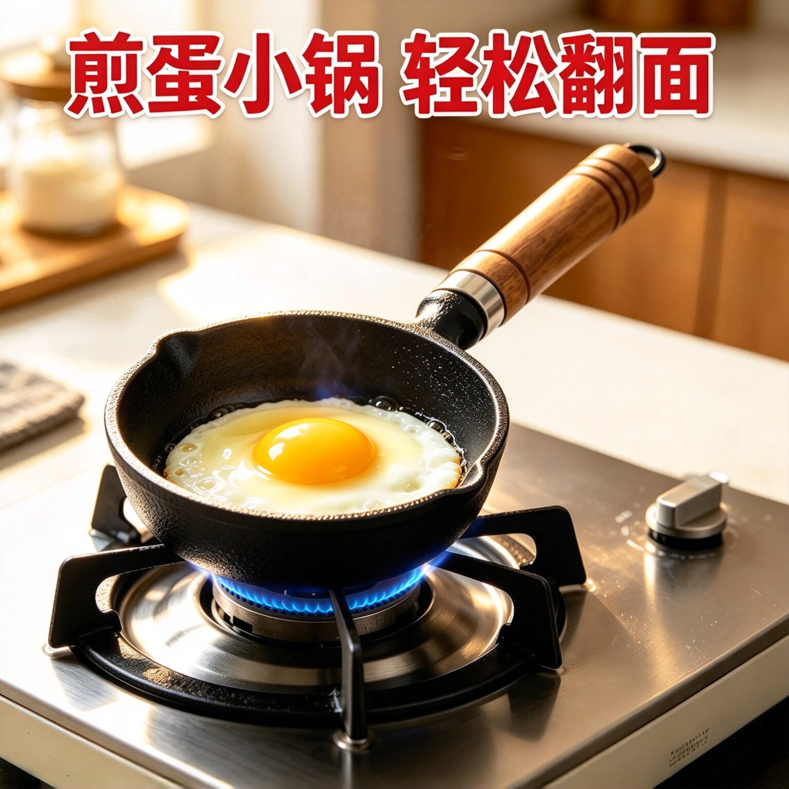 泼油铸铁不粘煎蛋锅实木手柄
