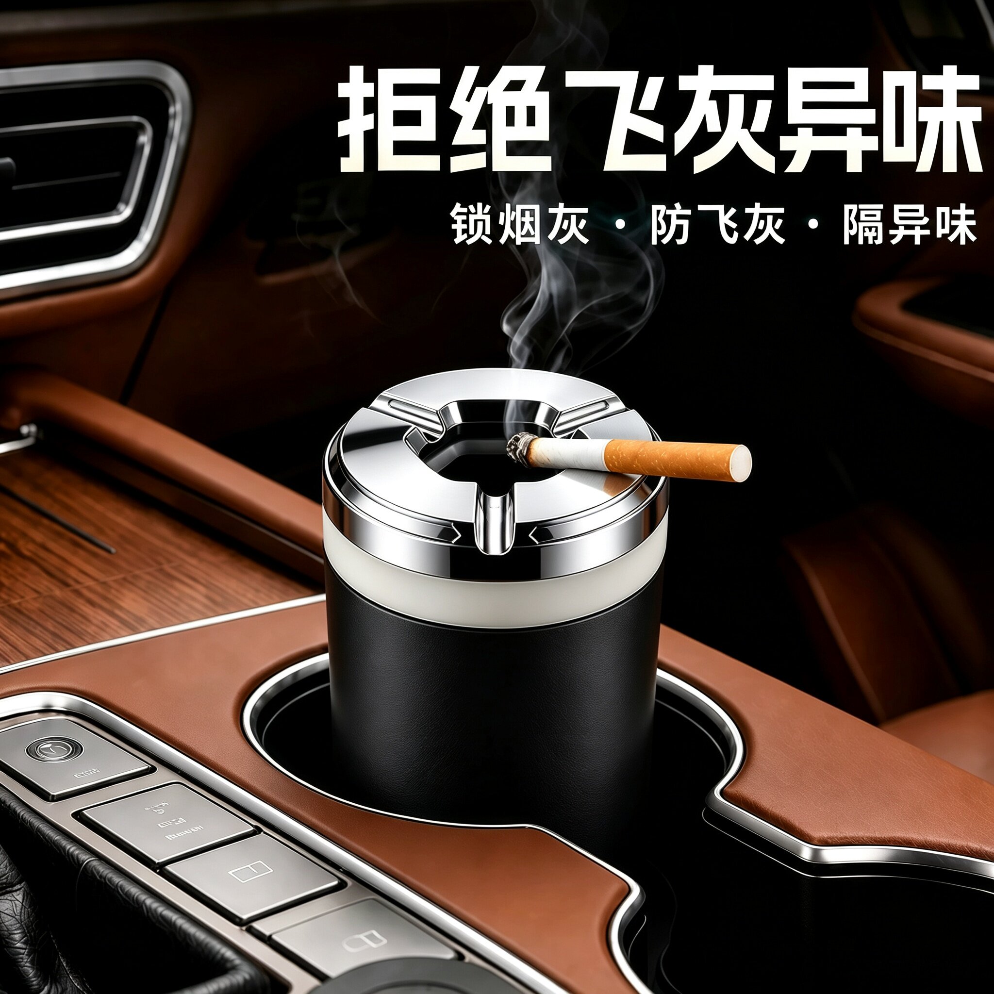 车载烟灰缸密封旋转汽车烟灰缸防灰飞金属高端车用防掉烟灰神器